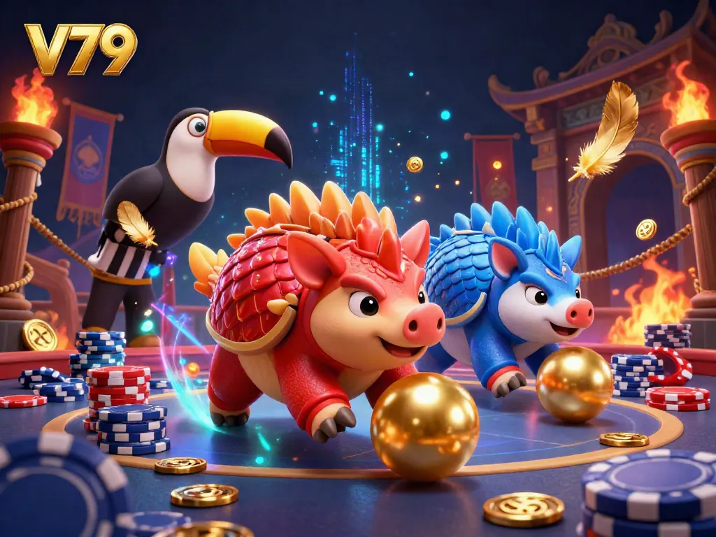 Experience thrilling gameplay at V79, where rival pangolins compete in a vibrant casino arena filled with poker chips and gold.