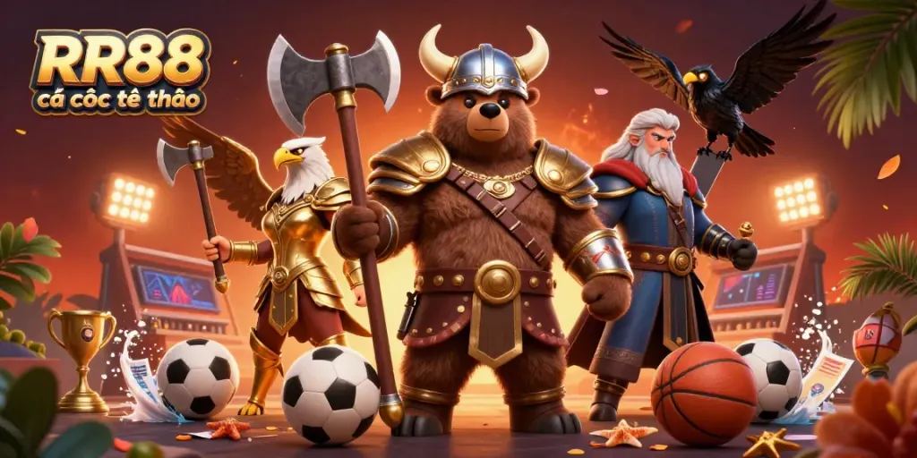 Immersive RR88 cá cược thể thao scene featuring Viking bear and Valkyrie eagle amidst sports elements.