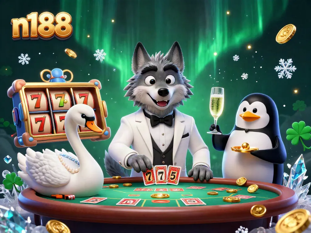 Experience thrilling n188 gaming action with a debonair wolf, elegant swan, and sophisticated penguin in a dazzling casino scene.