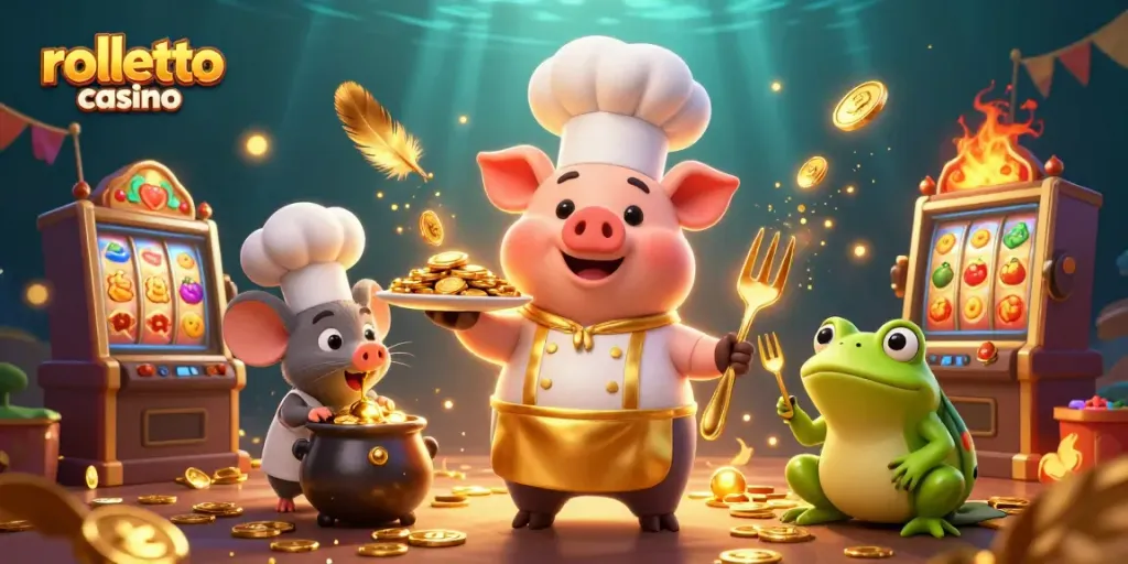 Engage with rolletto casino's vibrant scene featuring a cartoon pig chef serving gold coins alongside playful characters.