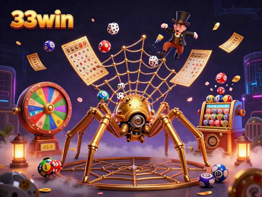 Experience the vibrant excitement of 33win with engaging graphics showing a steampunk spider amidst casino games.