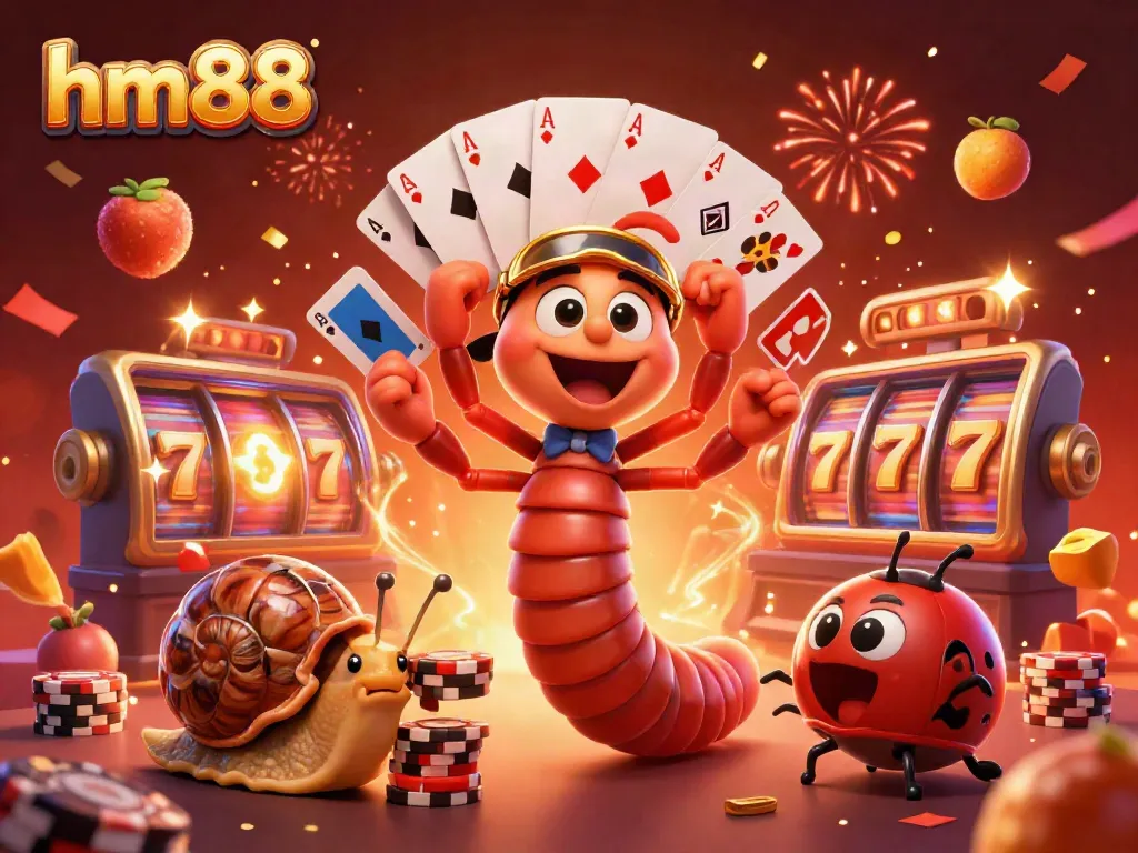 Experience vibrant casino thrills at hm88 with a millipede dealer and a high-roller snail in a 3D scene.