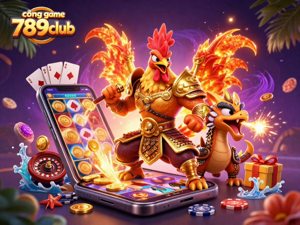 Experience the excitement of cổng game 789club with a vibrant 3D illustration of a fierce rooster warrior alongside a dragon hatchling.