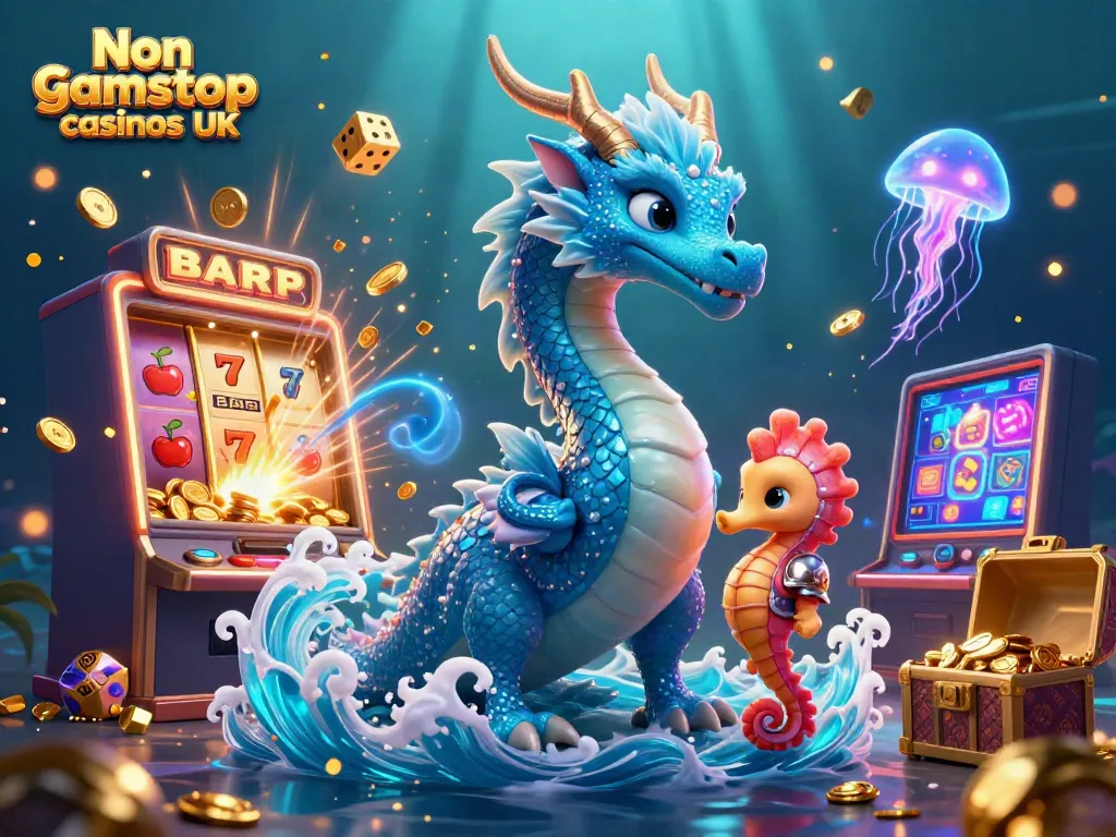 Engage with Non gamstop casinos UK through an exciting underwater casino scene with a mystical dragon and vibrant game elements.