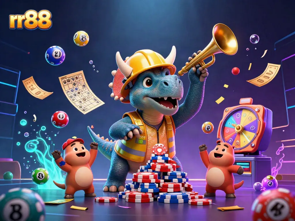 rr88 celebrates big wins with a cartoon triceratops and fun gambling elements actively engaging in casino excitement.