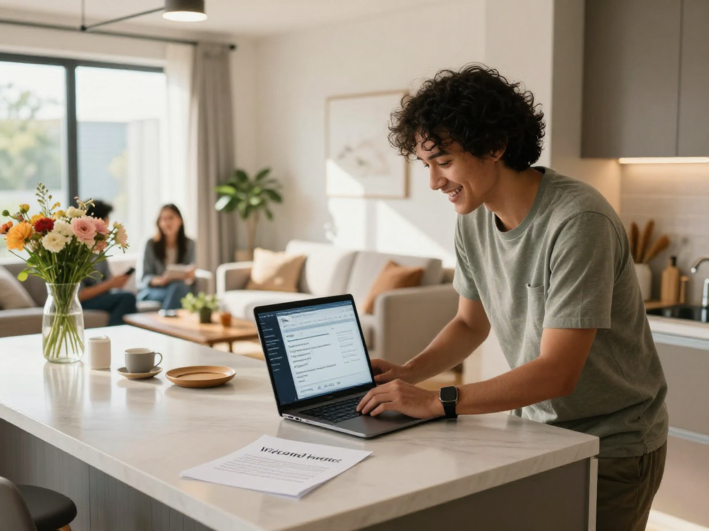 Airbnb host reviewing bookings, illustrating how much does airbnb take from hosts, in a stylish apartment.