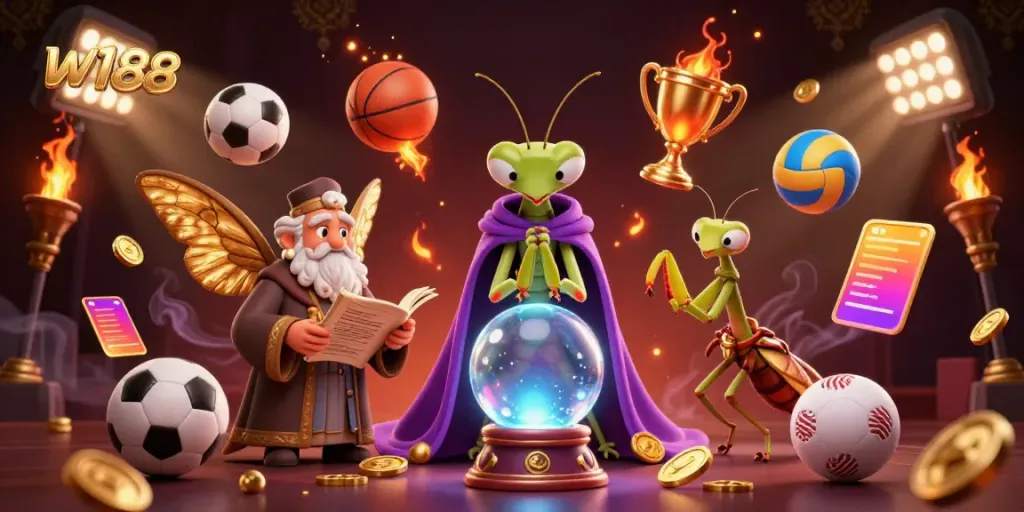 W188 casino scene with a praying mantis fortune teller and sports betting elements, creating a lively gambling atmosphere.