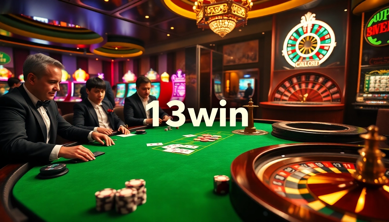 Experience the thrill of high-stakes gambling at 13win with glamorous casino tables, vibrant chips, and exciting games.