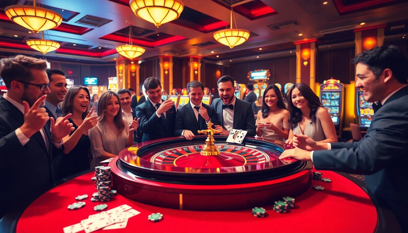 Exciting casino scene with players engaging at the rikvip.gb.net roulette table amidst vibrant lights and luxury.