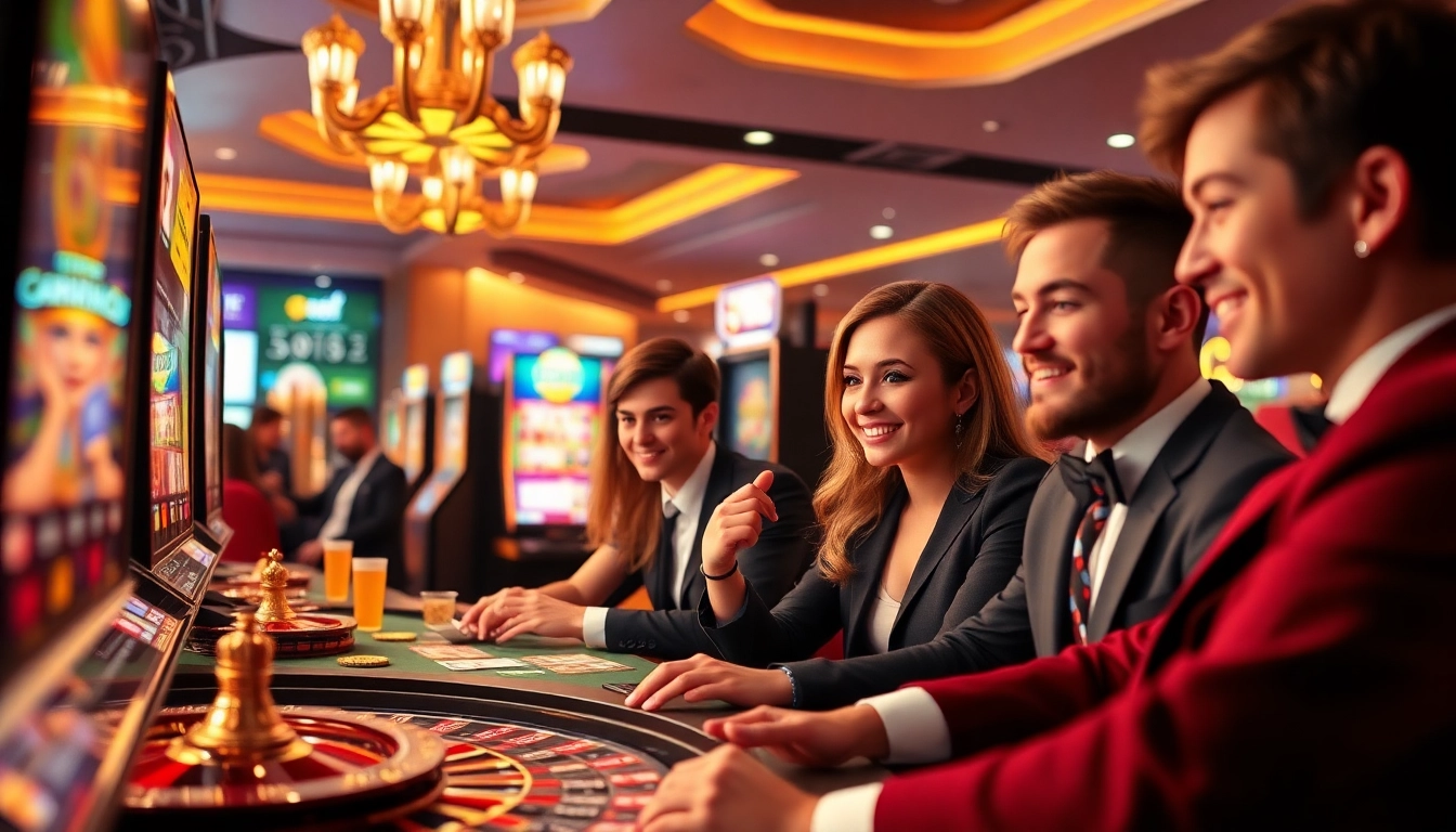 Experience the excitement of stimmgewitter.org with players engaging in diverse games at a vibrant online casino atmosphere.