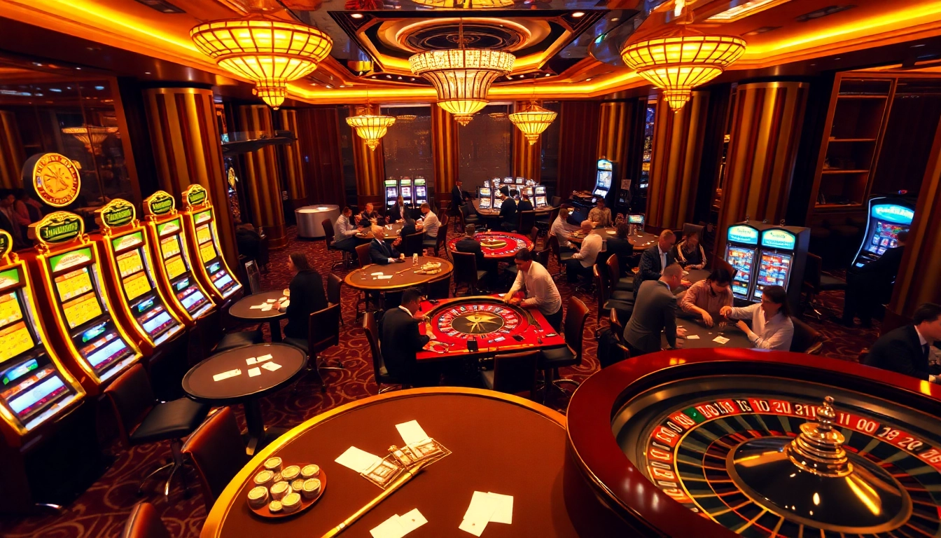 Players enjoying high-stakes games at mb66.nyc, showcasing vibrant casino action with poker tables and slot machines.