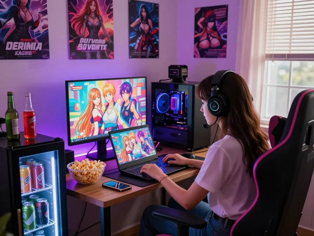 Engaged player enjoying a porngame in a cozy gaming den with immersive graphics and colorful ambiance.