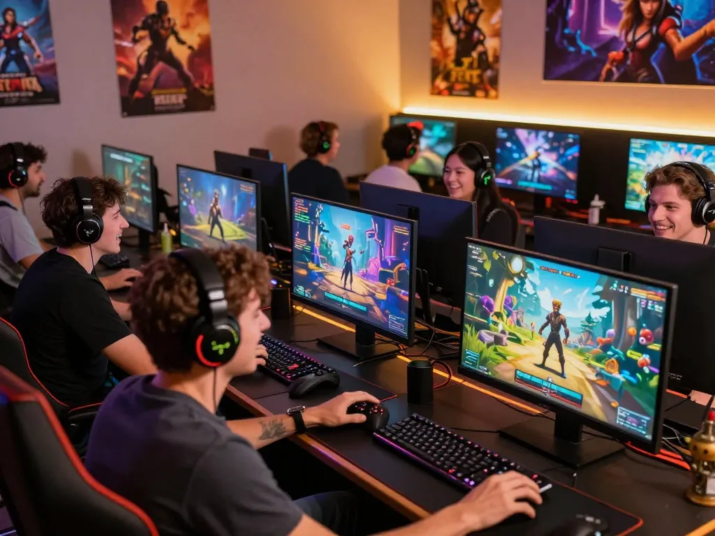 Engaged gamers enjoying real porn games in a lively, colorful online gaming environment