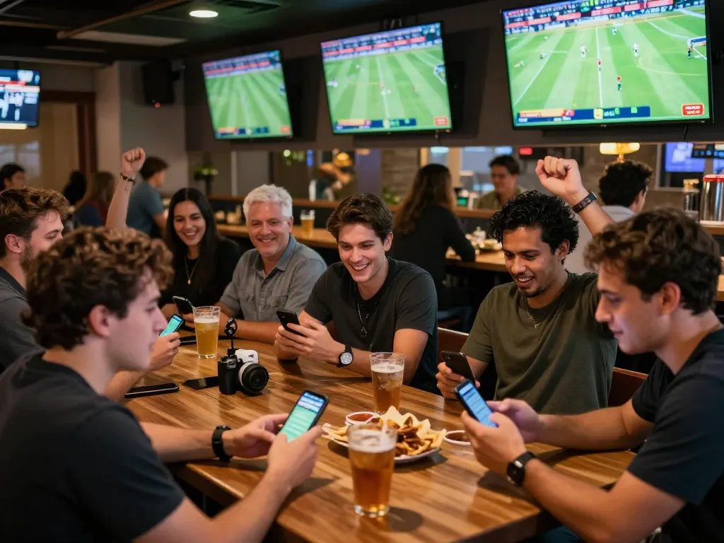 Patrons placing bets at 1gom during live sports matches in vibrant environment