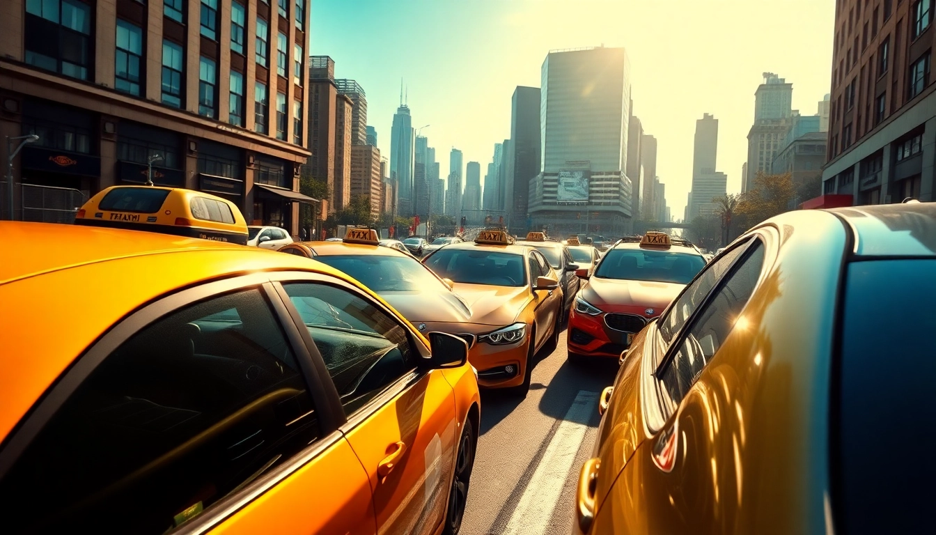 Dynamic scene of taxis parked at a busy street corner showcasing urban life.