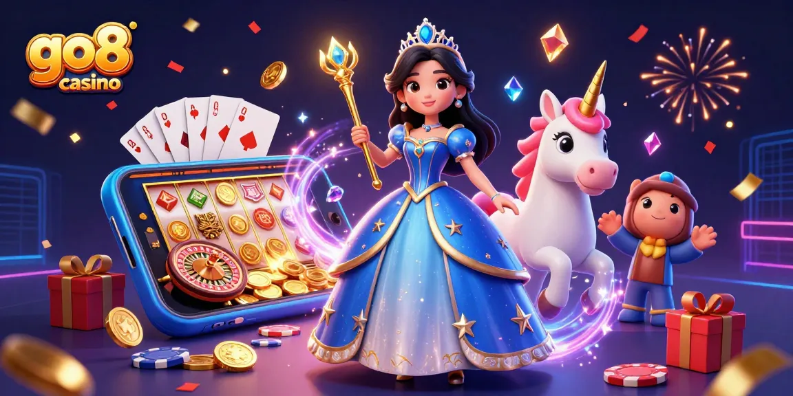 Play exciting games at go8 casino, surrounded by vibrant 3D elements and magical visuals.