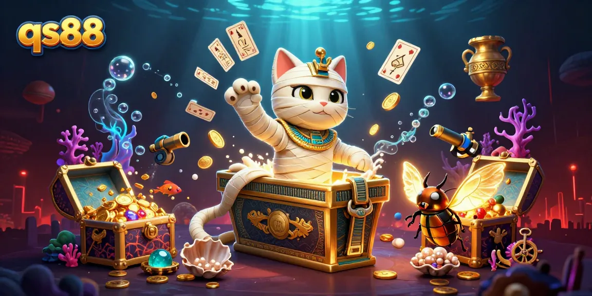 Experience the thrill of qs88 with a dynamic 3D casino scene featuring a mummy cat and treasures.