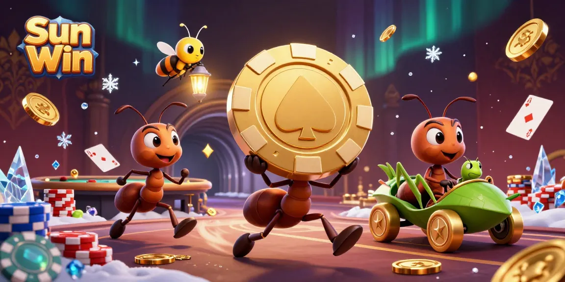 Experience the thrill at Sun Win with a cartoon heist led by ants featuring gold poker chips.