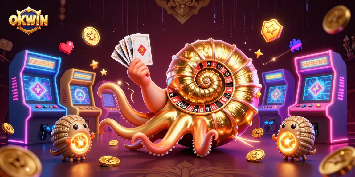 Experience exciting gaming with OKWIN's dynamic 3D casino illustration showcasing vibrant arcade elements.