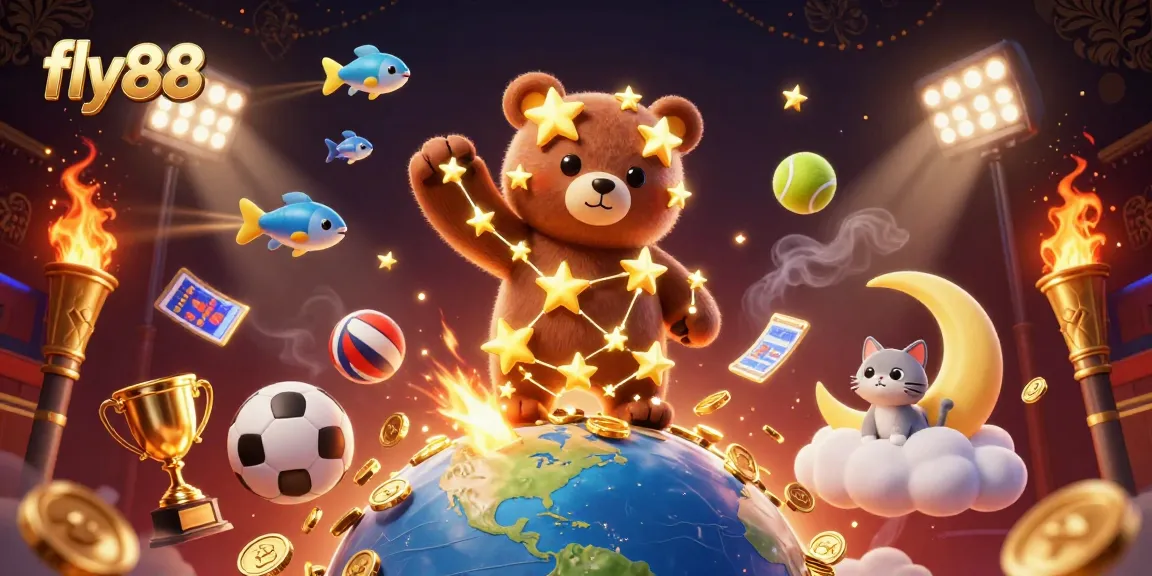 fly88 casino excitement with a golden constellation bear, sports elements, and vibrant game characters