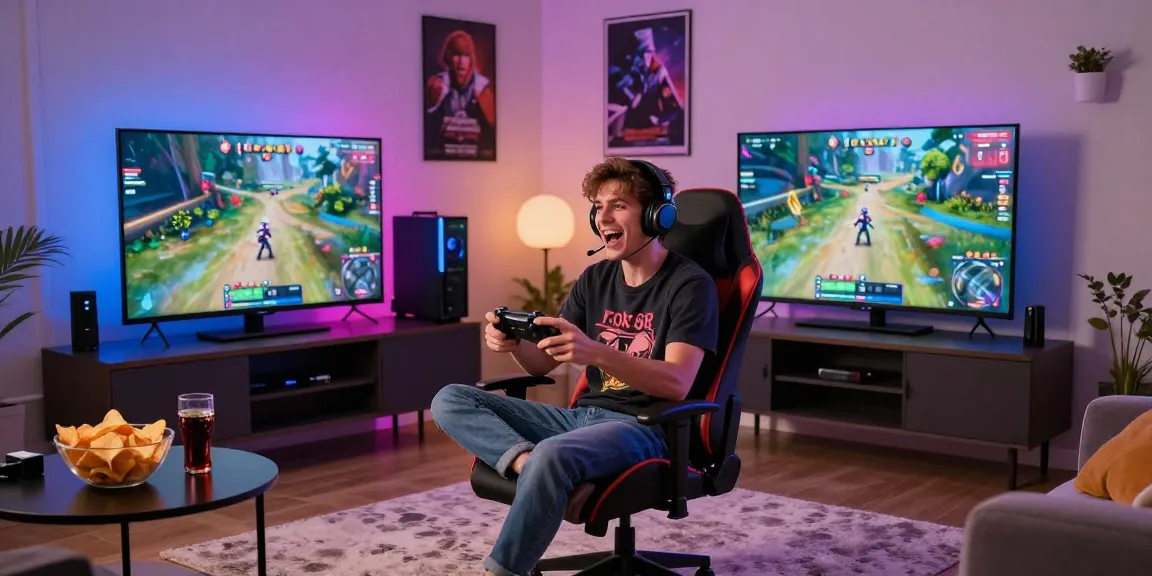 Engaging rokok88 gaming experience in a cozy living room with vivid lighting and snacks.
